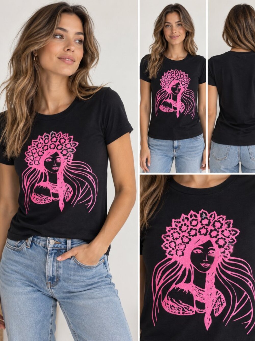 Next Level Apparel Black Graphic Tee Pink Floral Woman Print Size M